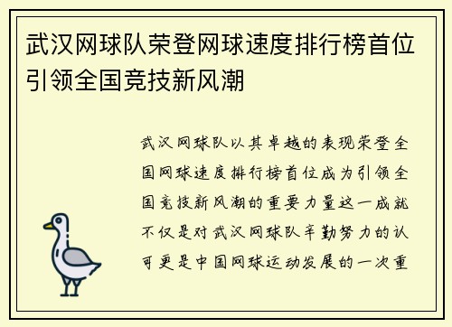 武汉网球队荣登网球速度排行榜首位引领全国竞技新风潮