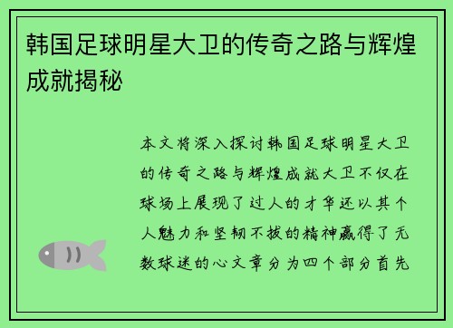 韩国足球明星大卫的传奇之路与辉煌成就揭秘